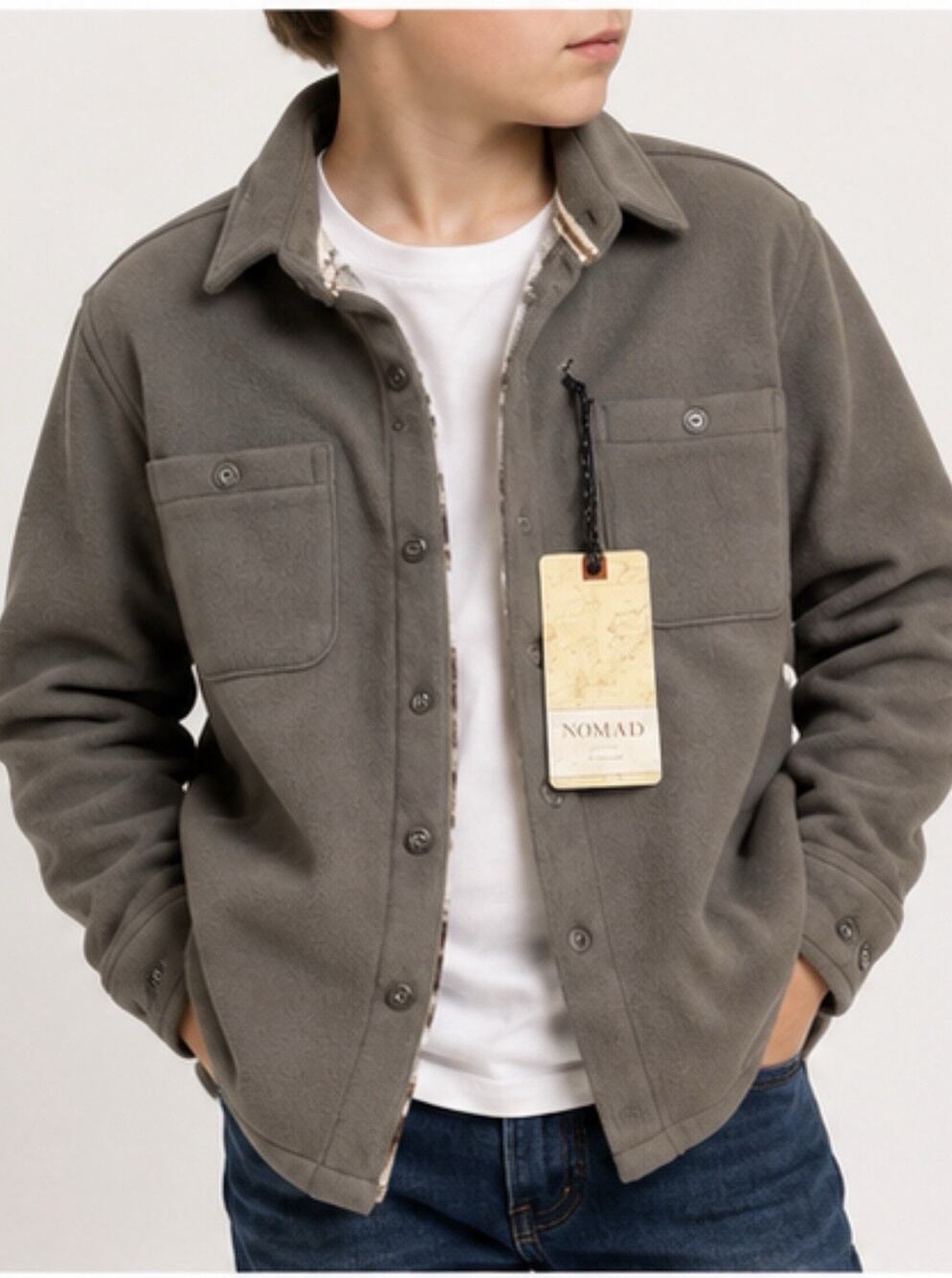 Nomad Craft+Flow Boys L Fleece Shirt Jacket Shacket Plaid Lined Gray NWT